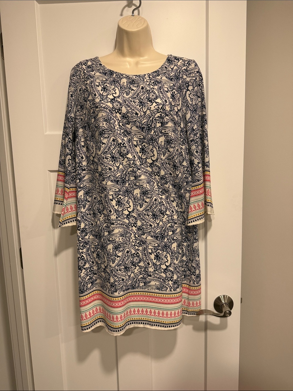 GUBIU Blue White Paisley Border Print Bell Sleeve Shift Dress NWOT Small